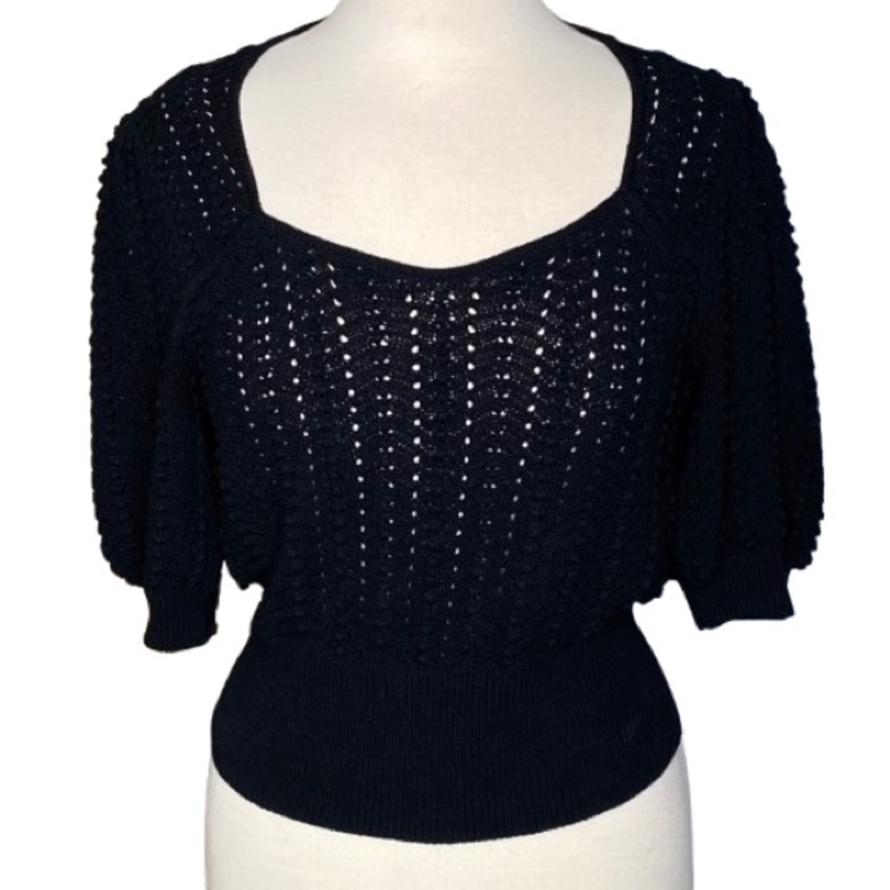 7 For All Mankind Women's Black Sweetheart Pointelle Knit Sweater Size S Boho - Picture 3 of 8
